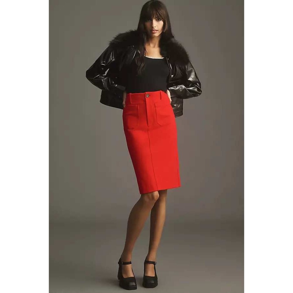 Maeve Anthropologie Red Linen Blend Midi Pencil Skirt Patch Pockets L